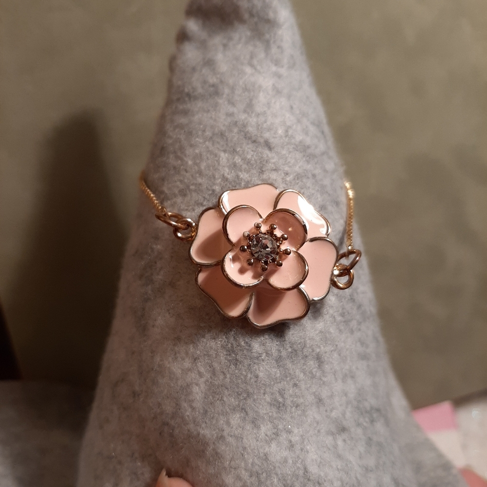 Pink Enemal Flower Bracelet Gold Adjustable New
